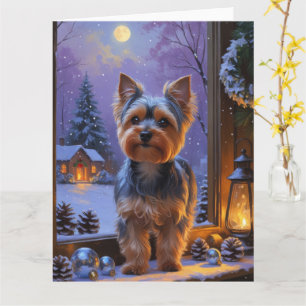 Yorkshire Terrier mit Weihnachtsbeleuchtung Karte