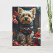 Yorkshire Terrier mit Weihnachtsgeschenken Kamin Karte (Vorderseite)