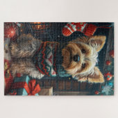 Yorkshire Terrier mit Weihnachtsgeschenken Kamin Puzzle (Horizontal)