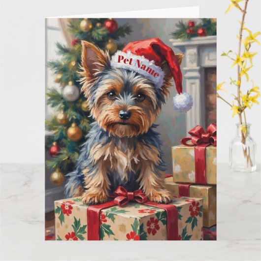 Yorkshire Terrier on Presents with Santa Hat Karte (Gelbe Blume)