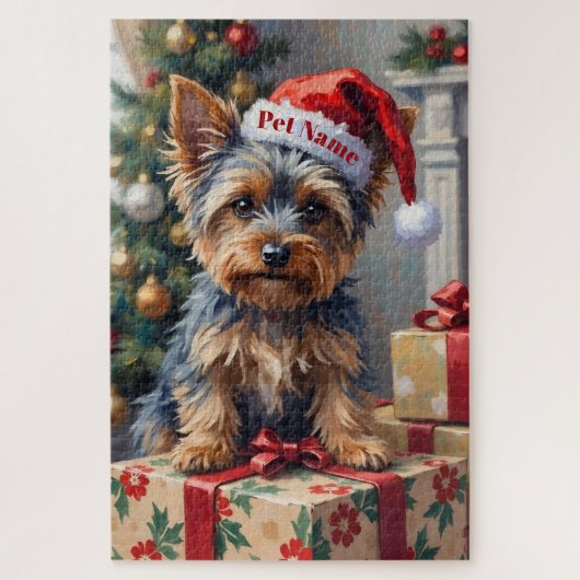 Yorkshire Terrier on Presents with Santa Hat Puzzle (Vertikal)