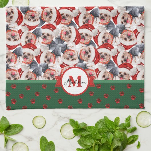 Yorkshire Terrier Pattern Monogram Christmas Dog Geschirrtuch (Gefaltet)