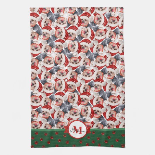 Yorkshire Terrier Pattern Monogram Christmas Dog Geschirrtuch (Vertikal)
