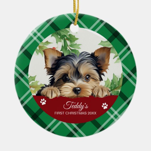 Yorkshire Terrier Personalisiert First Christmas Keramik Ornament (Vorne)