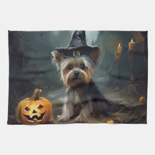 Yorkshire Terrier Pumpkins Halloween Beängstigend Geschirrtuch