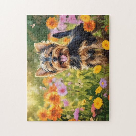 Yorkshire Terrier Pup in Blume Field Puzzle (Vertikal)