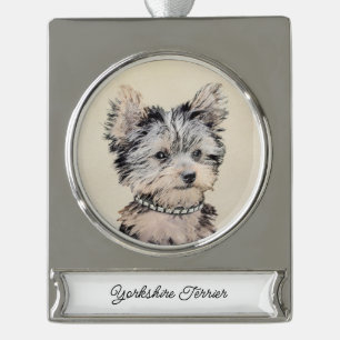 Yorkshire Terrier Puppy Painting Original Hundesch Banner-Ornament Silber