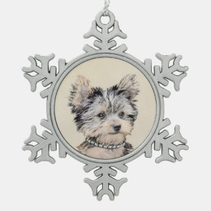 Yorkshire Terrier Puppy Painting Original Hundesch Schneeflocken Zinn-Ornament