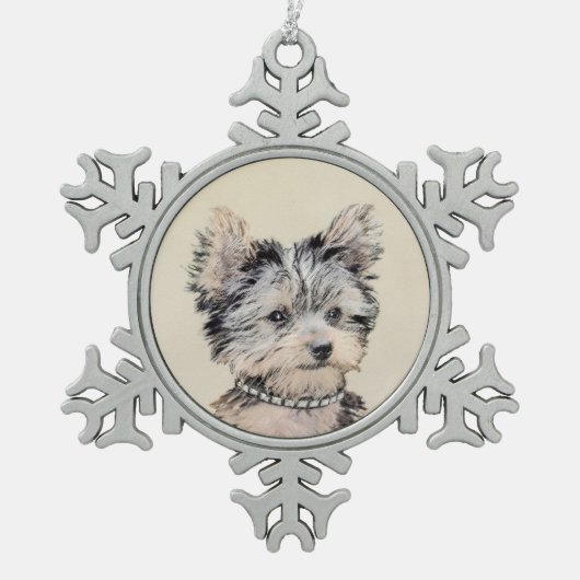 Yorkshire Terrier Puppy Painting Original Hundesch Schneeflocken Zinn-Ornament (Vorderseite)