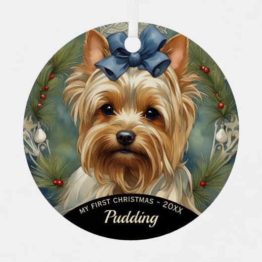 Yorkshire Terrier Puppy's First Christmas Ornament Aus Metall (Vorderseite)