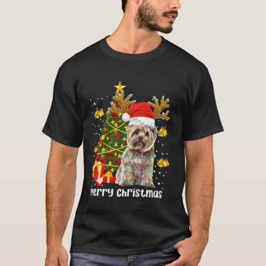Yorkshire Terrier Santa Christmas Tree Lights Xmas T-Shirt (Vorderseite)