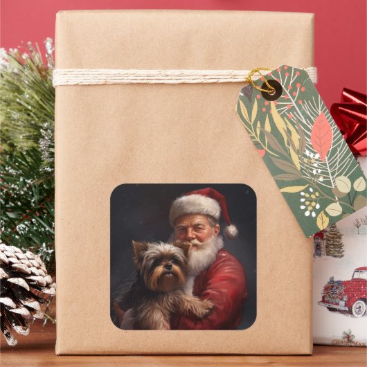 Yorkshire Terrier Santa Claus Weihnachten Quadratischer Aufkleber (Feiertag)