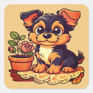 Yorkshire Terrier Süßer Welpe Cartoon-Porträt  Quadratischer Aufkleber