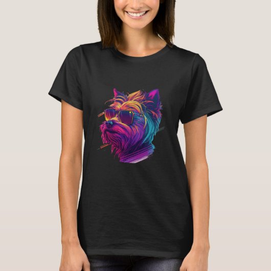 Yorkshire Terrier Synthwave 80s Retrowave Aestheti T-Shirt (Vorderseite)