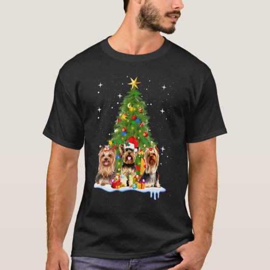 Yorkshire Terrier Tree Frohe Weihnachten T-Shirt (Vorderseite)