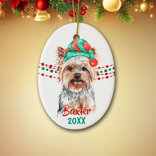 Yorkshire Terrier Weihnachtsmannmütze Holiday Stri Keramik Ornament
