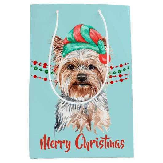 Yorkshire Terrier Weihnachtsmannmütze Holiday Stri Mittlere Geschenktüte (Vorderseite)