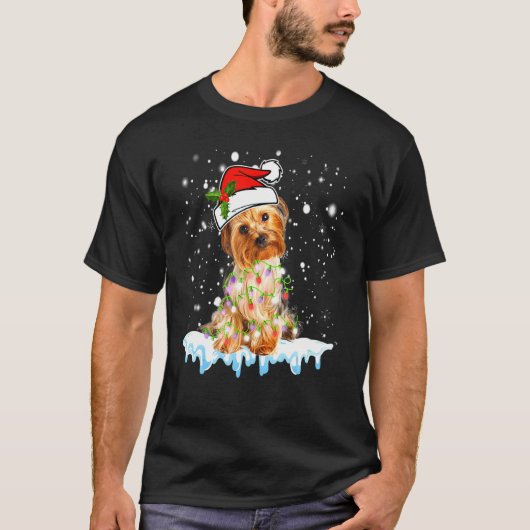 Yorkshire Terrier Weihnachtsmannmütze Xmas Lights T-Shirt (Vorderseite)