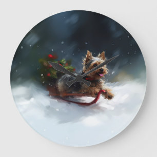 Yorkshire Terrier Weihnachtsschnee Große Wanduhr