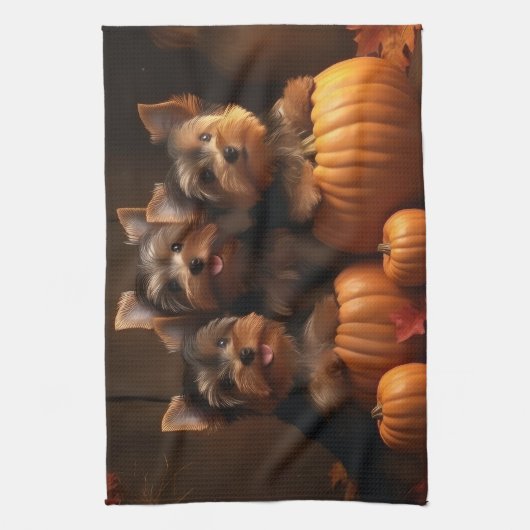 Yorkshire Terrier Welppy Autumn Delight Pumpkin Geschirrtuch (Vertikal)