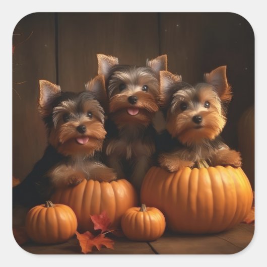 Yorkshire Terrier Welppy Autumn Delight Pumpkin Quadratischer Aufkleber (Vorderseite)