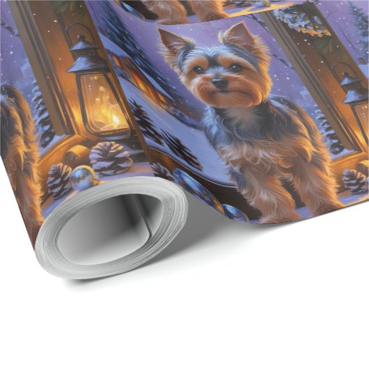 Yorkshire Terrier With Christmas Lights Holiday Geschenkpapier (Rolleneckpunkt)