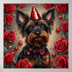 Yorkshire Terrier zum Geburtstag mit Partyhut Poster