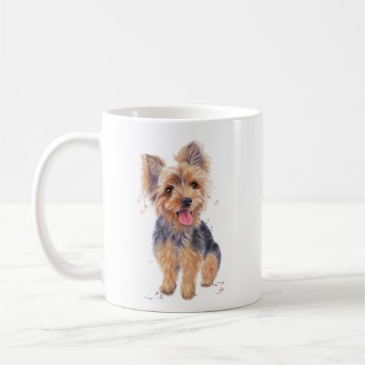 Yorkshire-Terrierhund auf einem Becher Kaffeetasse (Links)