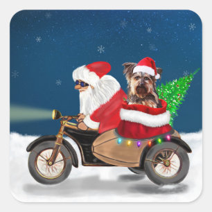Yorkshire Terrier's Ride Santa Claus auf dem Motor Quadratischer Aufkleber