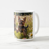 Yorkshire Terriers spielen im Gras Kaffeetasse (VorderseiteRechts)