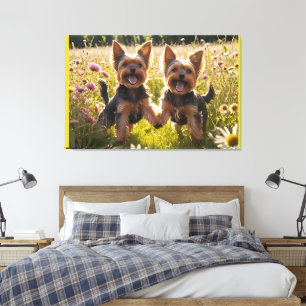 Yorkshire Terriers spielen im Gras Leinwanddruck
