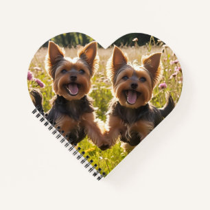 Yorkshire Terriers spielen im Gras Notizblock