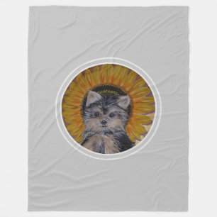 Yorkshire-Welpe Hund & Sonnenblume auf Hellgrau Fleecedecke