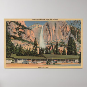 Yosemite, CA-Ansicht von Yosemitehäuschen und Poster