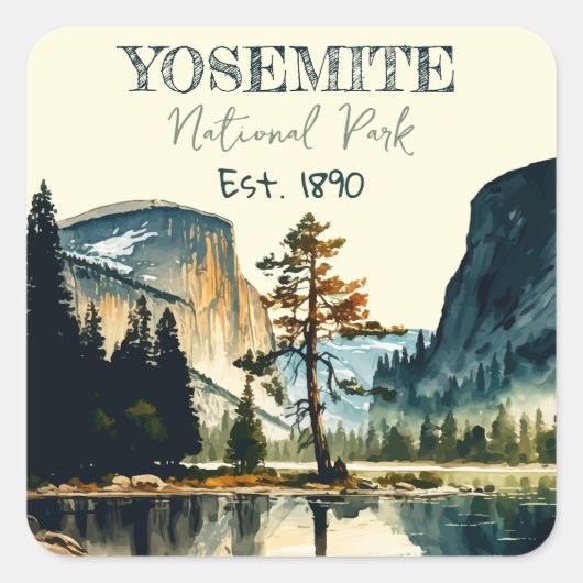 Yosemite National Park Aquarell Halbkuppel Sonnenu Quadratischer Aufkleber (Vorderseite)