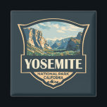 Yosemite Nationalpark Illustration Retro Abzeichen Magnet<br><div class="desc">Yosemite Vektorgrafik Design. Der Park ist berühmt für seine riesigen,  alten Sequoia-Bäume und für Tunnel View,  die ikonische Aussicht auf den Turm Bridalveil Fall und die Granitfelsen von El Capitan und Half Dome.</div>