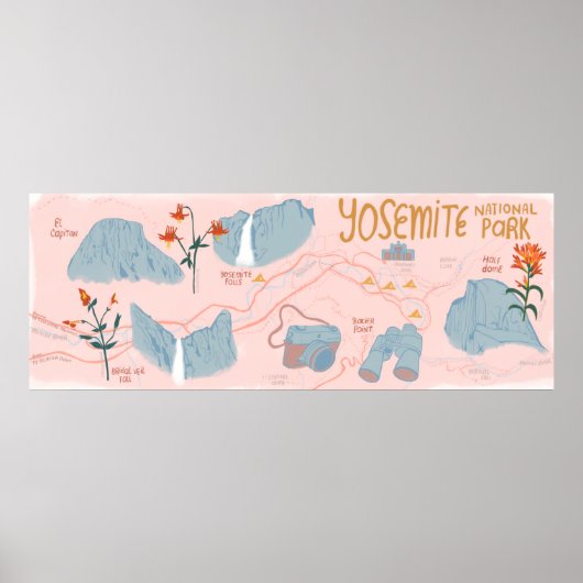 Yosemite Nationalpark Karte Beschreibung Pink Poster (Vorne)