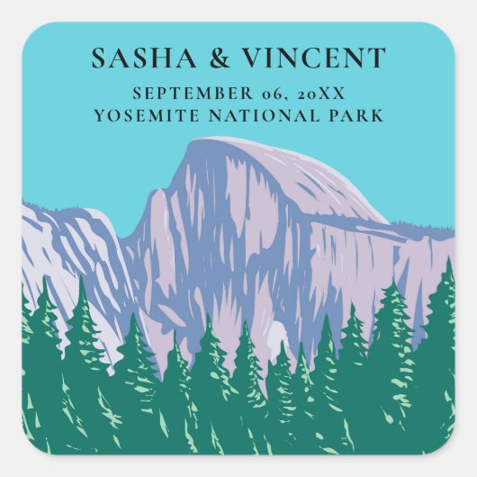 Yosemite Nationalpark Wedding Retro Quadratischer Aufkleber (Vorderseite)