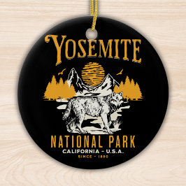Yosemite Woodland Scenery with Retro Wolf Keramik Ornament