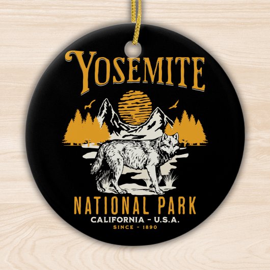 Yosemite Woodland Scenery with Retro Wolf Keramik Ornament