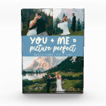 You and Me Picture Perfect Frischvermählte Denim B Fotoblock<br><div class="desc">Whimsische und spielerische Hochzeitserinnerung mit 3 Fotos der Frischvermählten und einer typografischen Textzeile,  die "you   me = picture perfect" sagt. Denim Blau.</div>