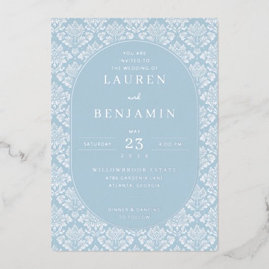 You Are Invited to Elegant Blue Damask Folieneinladung (Vorderseite)