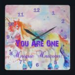 You Are One Unique Unicorn! Rainbow Girls Clock Quadratische Wanduhr<br><div class="desc">You Are One Unique Unicorn! Rainbow Girls Clock. For all those young at heart a lovely unicorn card,  using one of my original watercolors. Add a little magic to your life!</div>