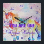 You Are One Unique Unicorn! Rainbow Girls Clock Quadratische Wanduhr<br><div class="desc">You Are One Unique Unicorn! Rainbow Girls Clock. For all those young at heart a lovely unicorn card,  using one of my original watercolors. Add a little magic to your life!</div>