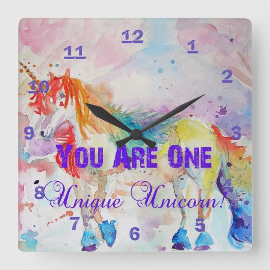 You Are One Unique Unicorn! Rainbow Girls Clock Quadratische Wanduhr (Vorderseite)