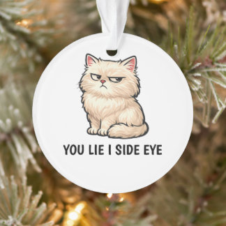 You Lie I Side Eye Fluffy Cream Cat Quote Ornament