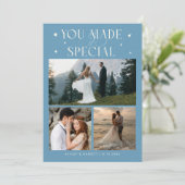 You Made It Special Wedding Photo Denim Blue Dankeskarte (Stehend Vorderseite)