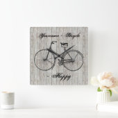 You Plus Bicycle Equals Happy Antique Wooden Plank Quadratische Wanduhr (Zuhause)