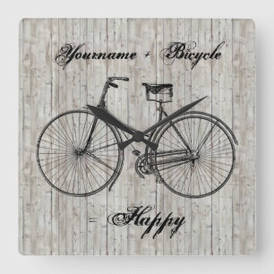 You Plus Bicycle Equals Happy Antique Wooden Plank Quadratische Wanduhr