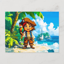 Young Adventurer auf Schatzinsel mit Papagei Postkarte